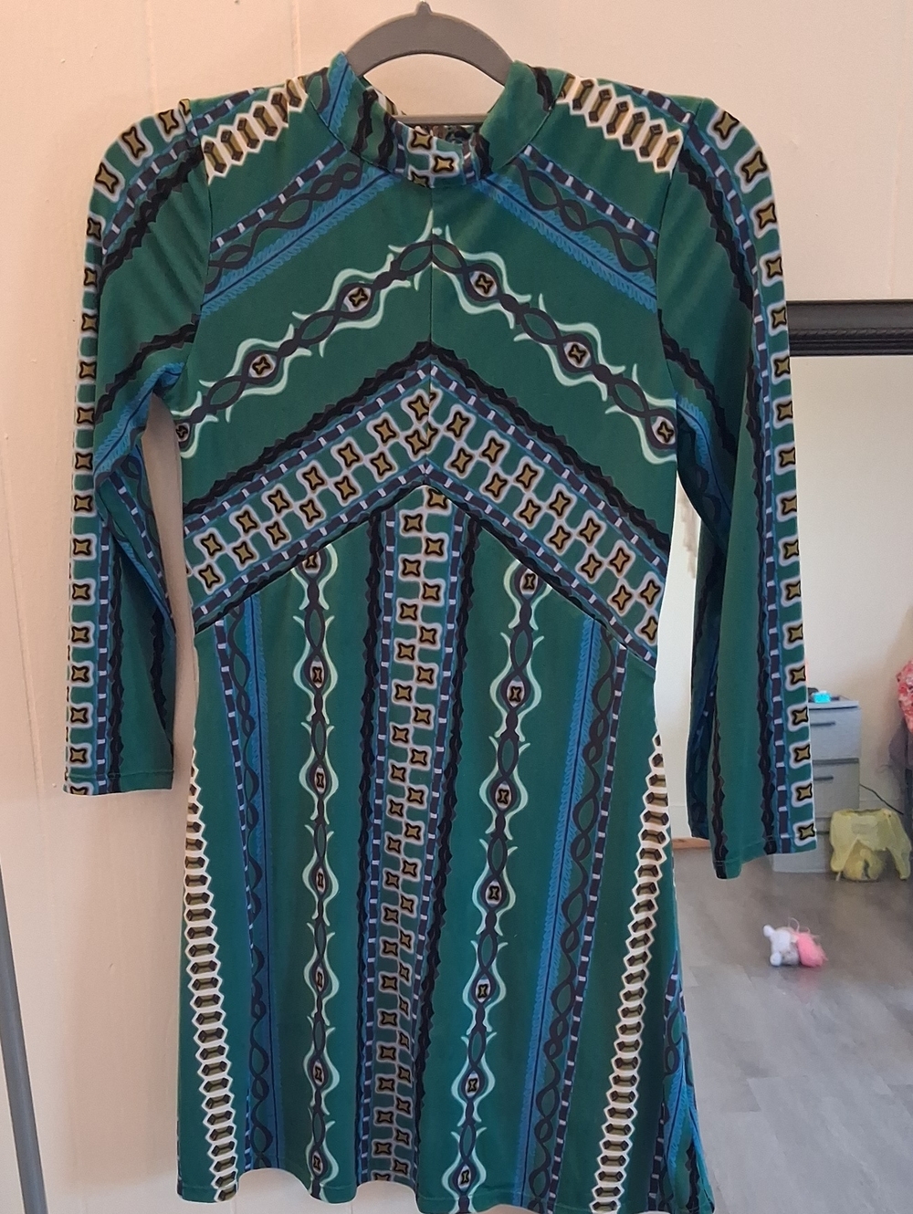 Free People Green & Blue Geometric Long-Sleeve Dress